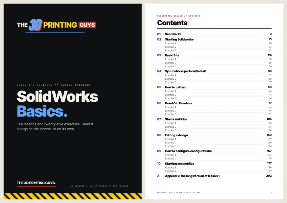 The cover and contents page of our SolidWorks Basics handbook: ten lessons and twenty-five exercises